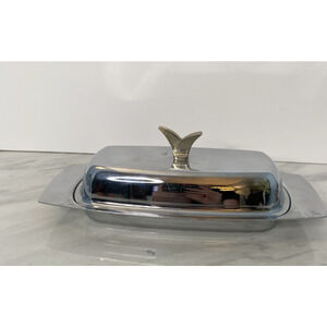Vintage Chrome Plated Butter Dish Atomic Mid-Century Modern 2 Piece Set